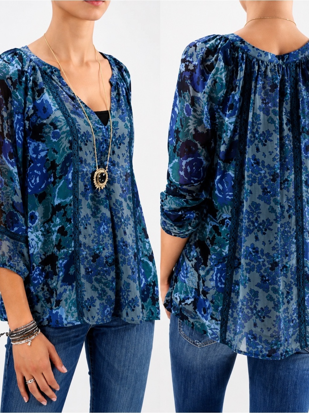JOIE Anthropology Top Blue Green 3/4 Long Sleeve Silk Florals size M
